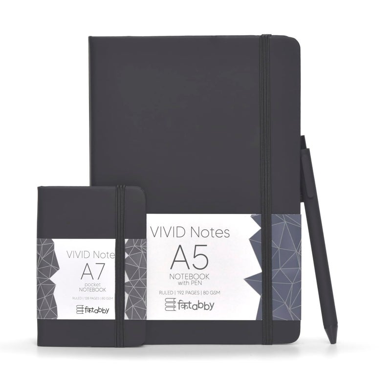 Kitabby | VIVID Notes Combo | A5 Size Hard Bound Notebook with Elastic Band & Pen Loop (Includes Pen,192 Pages-80 GSM) & A7 Pocket Size Notebook (128 Pages-70 GSM) | Natural Shade Paper | Polymer Coated Paper Cover Material – (Black) - Image 4