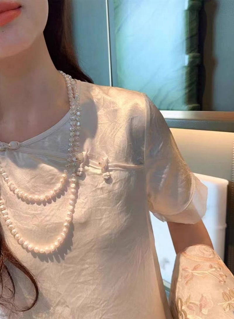 شيرت الموضة الصينية الجديدة تصميم زرار قطري زرار بديل أنحف للنساء 2024 قميص صيفي بنسبة 100 ٪ حمض الخليك قصير الأكمام - Image 4