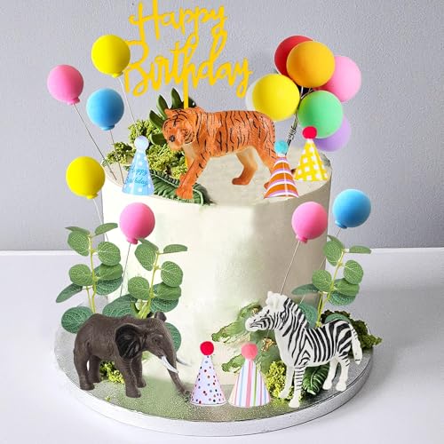 LEFUBABY Safari Animal Cake Toppers with Mini Birthday Party Hat Color Balls Cake Decorations for Jungle Wild Themed Baby Shower Birthday Party Supplies (Safari Animal) - Image 5