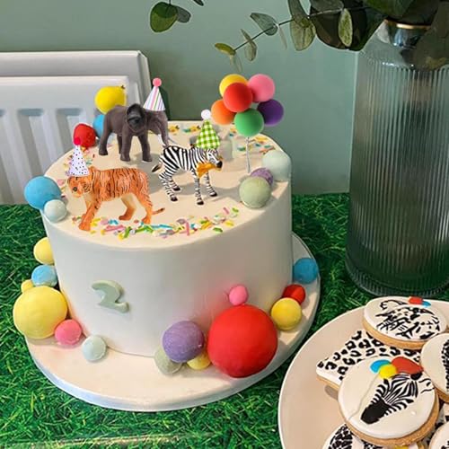 LEFUBABY Safari Animal Cake Toppers with Mini Birthday Party Hat Color Balls Cake Decorations for Jungle Wild Themed Baby Shower Birthday Party Supplies (Safari Animal) - Image 4