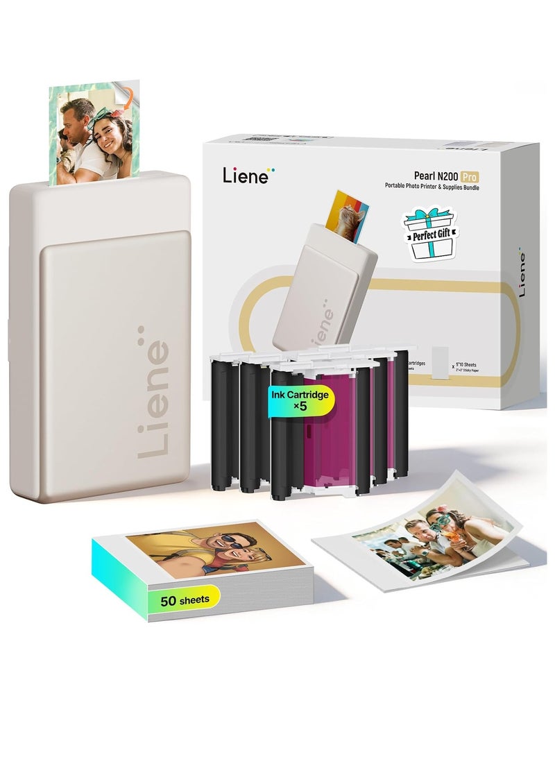ليين طابعة الصور المحمولة Liene Pearl N200 Pro بالذكاء الاصطناعي، طابعة صور فورية صغيرة للآيفون والهواتف الذكية، طباعة حرارية بنظام الصبغ بالتسامي، صانع ملصقات بالبلوتوث، مع 50 ورقة لاصقة بحجم 2x3 و5 خراطيش، ذهبي - Image 1