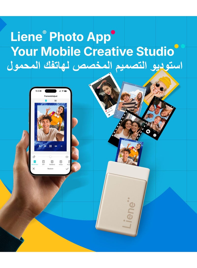 ليين طابعة الصور المحمولة Liene Pearl N200 Pro بالذكاء الاصطناعي، طابعة صور فورية صغيرة للآيفون والهواتف الذكية، طباعة حرارية بنظام الصبغ بالتسامي، صانع ملصقات بالبلوتوث، مع 50 ورقة لاصقة بحجم 2x3 و5 خراطيش، ذهبي - Image 3