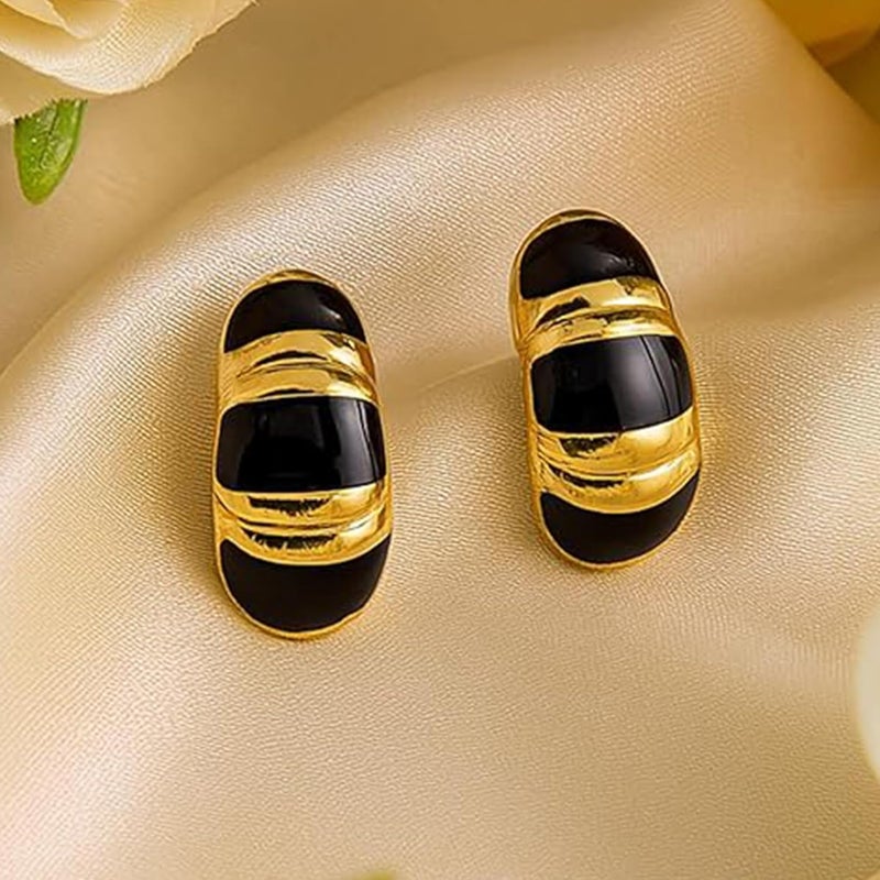 Estele 24Kt Gold Plated Fashion Black Metal Enamel Brass Stud Earrings For Women - Image 2