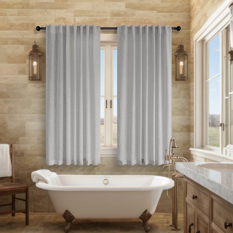 Pitalk Light Grey Curtains 45 Inch Length for Kitchen Door 2 Panels Sets Rod Pocket Back Tab Loops Flax Linen Semi Transparent Opaque Short Gray Curtains for Bathroom Small Window Bedroom Contemporary Decor - Image 1