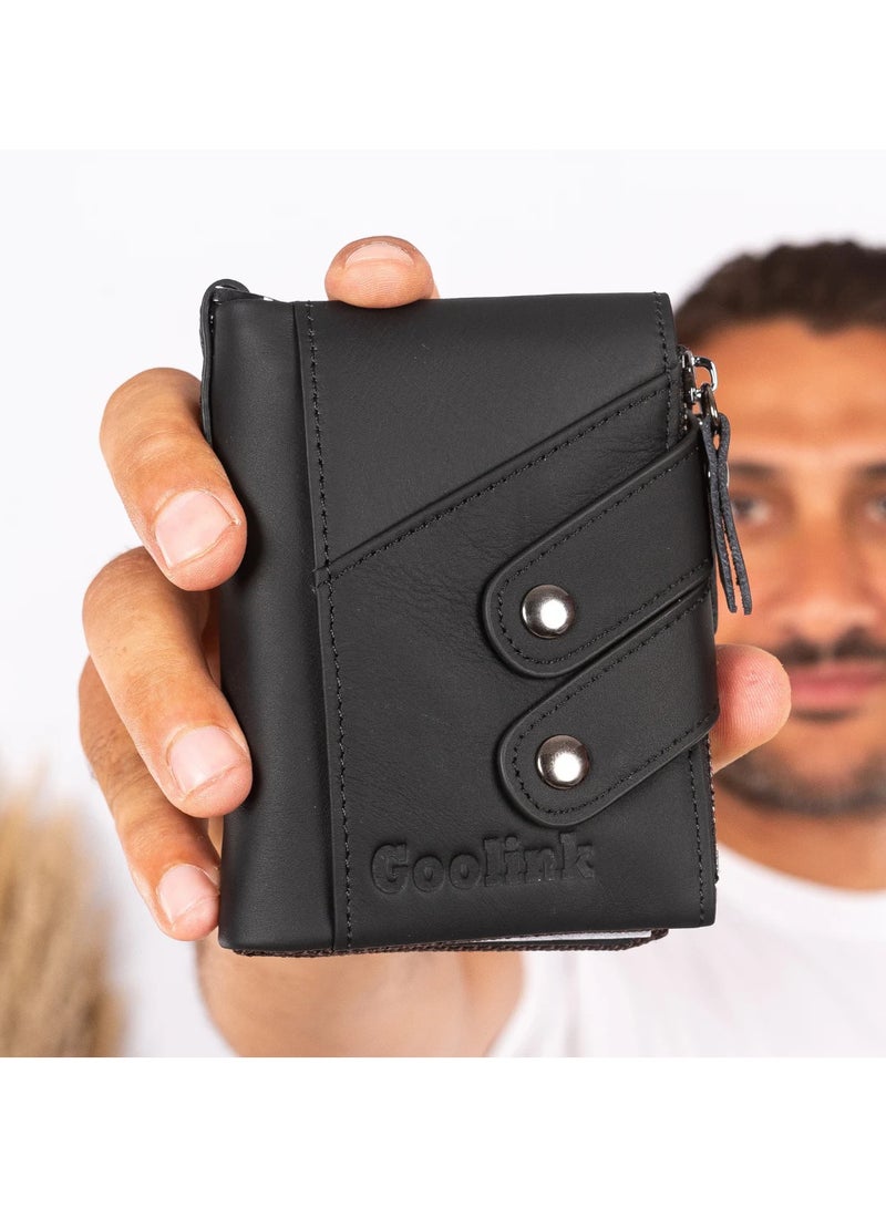 محفظة جولينك للرجال – موديل GL32430 | جلد طبيعي أسود، تصميم سلسلة، سعة عالية و؛ متعددة الوظائف