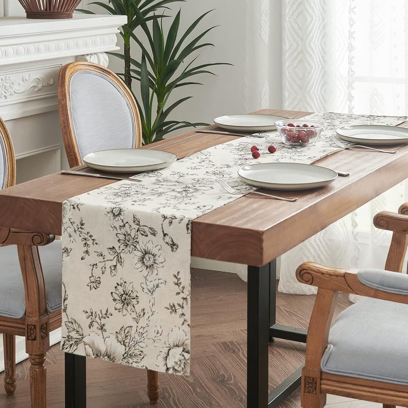 jinchan Linen Table Runner Floral Print Kitchen Table Runner 72 Inches Long Peonies Botanical Decorative Table Runner Farmhouse Rustic Coffee Table Decor for Dresser Dining Room 1 Panel Black on Beige - Image 2