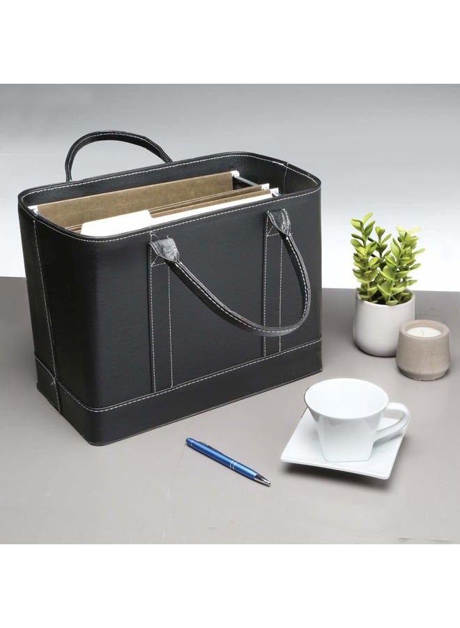 HOME DISTRICT Chic Hanging File Folder Organizer Tote - Portable Doent Storage Bag with Carry Handles - Black - Image 4
