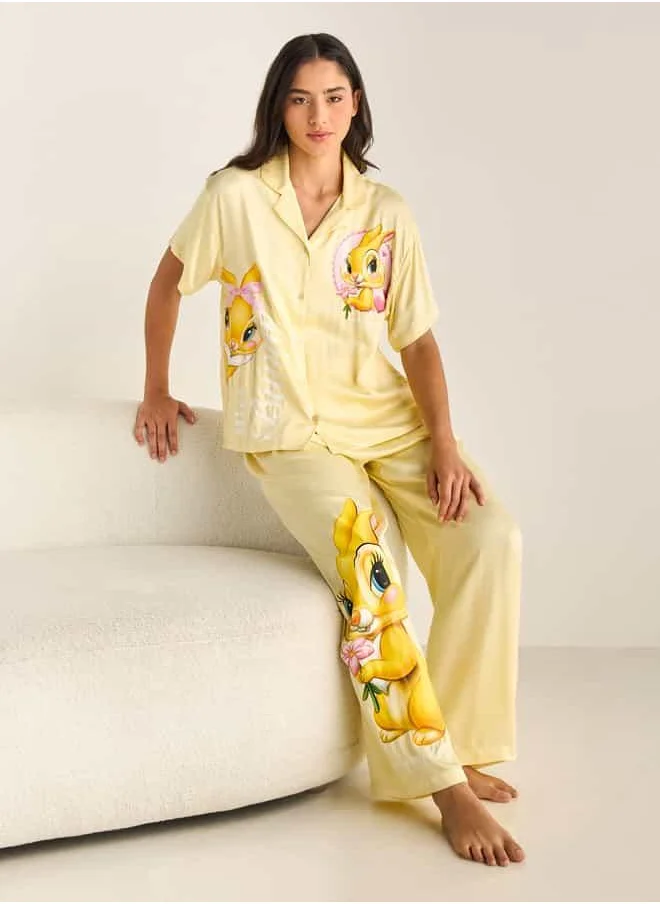 فاف Miss Bunny Print Notch Collar Shirt and Pyjama Set
