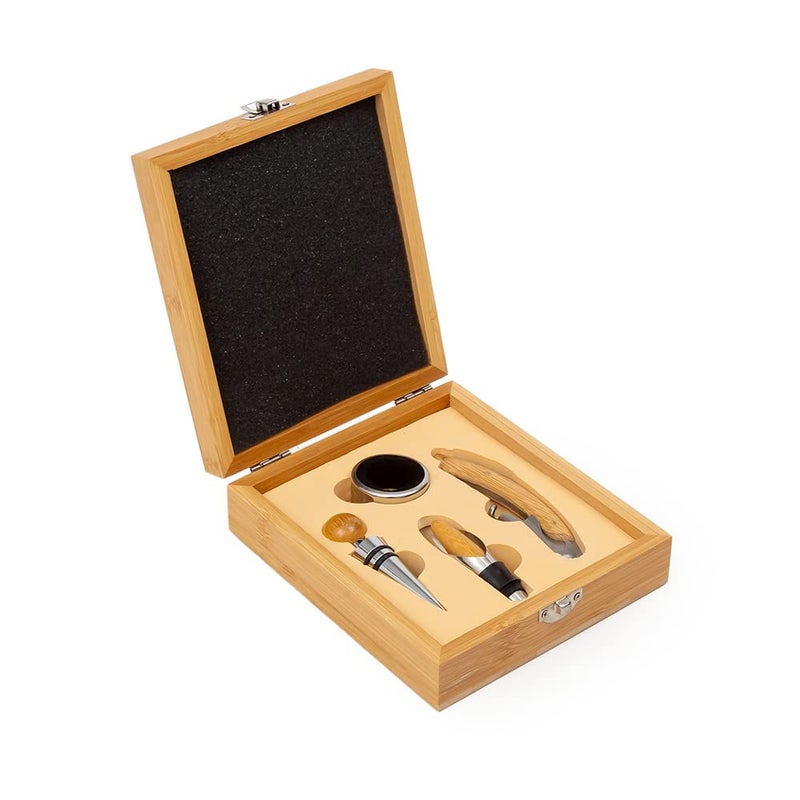 EZ Life EZ Life Mahagony Wine Accessory Kit 4 Piece Set in Mahagony Wood Box Wine Opener Corksrew Collar Foil Cutter Wine Aerator Wine Accessories GiftPortable BoxBest Gift Itembarware - Image 1