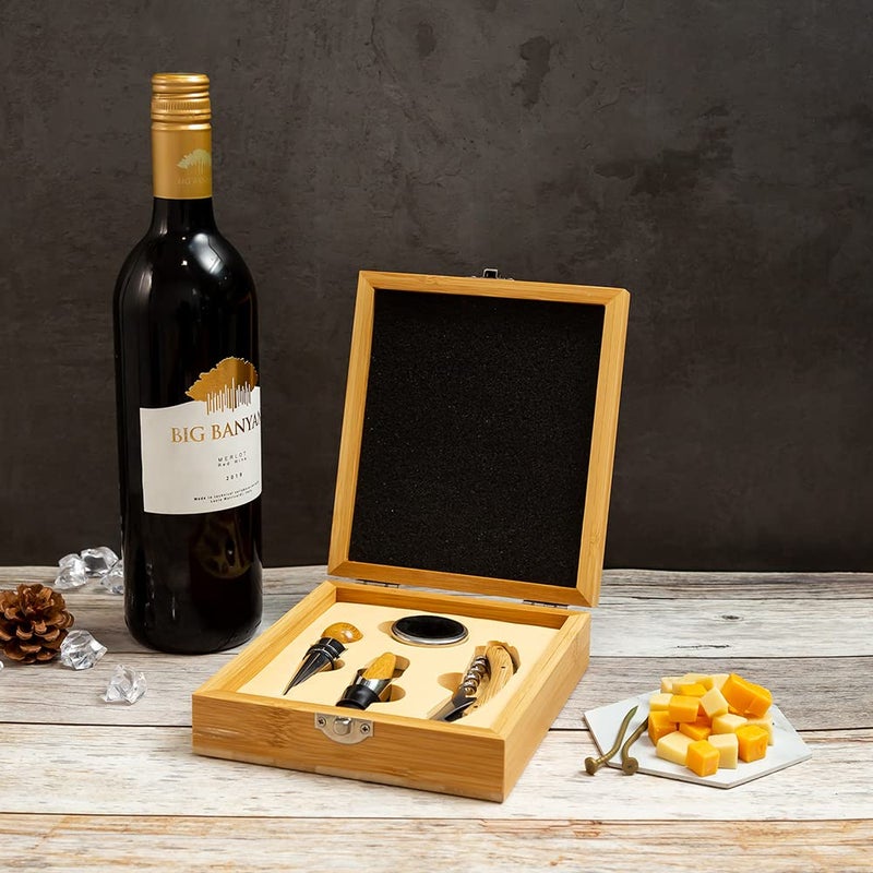 EZ Life EZ Life Mahagony Wine Accessory Kit 4 Piece Set in Mahagony Wood Box Wine Opener Corksrew Collar Foil Cutter Wine Aerator Wine Accessories GiftPortable BoxBest Gift Itembarware - Image 3