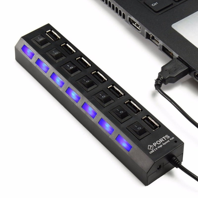 USB Hub Adapter Ultra Slim Support Power & Data & LED Light Universal Multi-Port for Laptop, PC, MacBook, Flash Drives, Mobile, mouse, keyboard, Desktop, Extend cable 30CM (Black, USB 2.0, 7 Port)