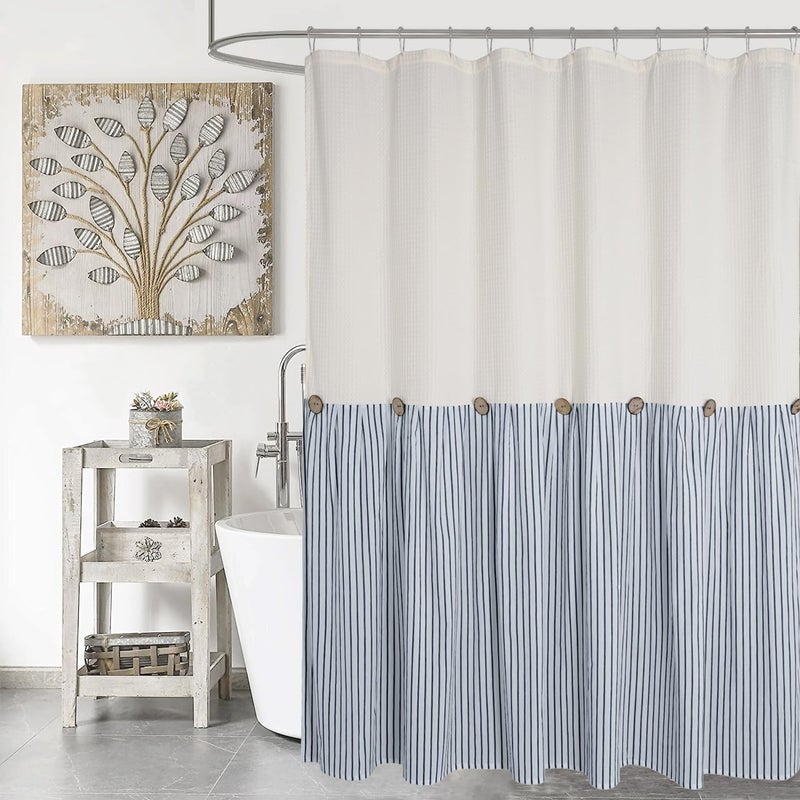 DOSLY IDÃ‰ES Farmhouse Shower Curtain,Beige and Blue Striped,Button Curtain,Spa Waffle and Cotton Woven Fabric,Rustic Charm Country Chic Style,72x72 in - Image 1