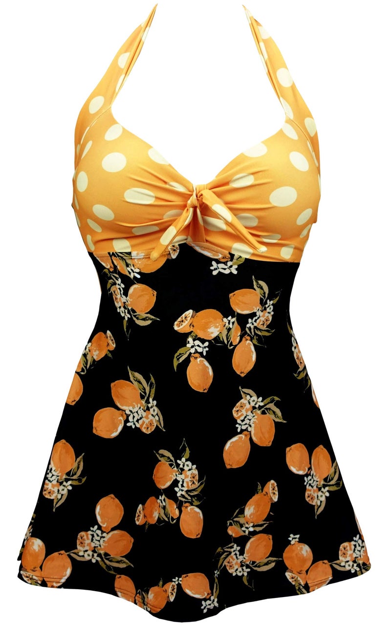 COCOSHIP Orange & Black Lemon Fruit Yellow Polka Dot Vintage Sailor Pin Up Swimsuit One Piece Skirtini Cover Up Cruise Beachwear XXL(US14) - Image 1