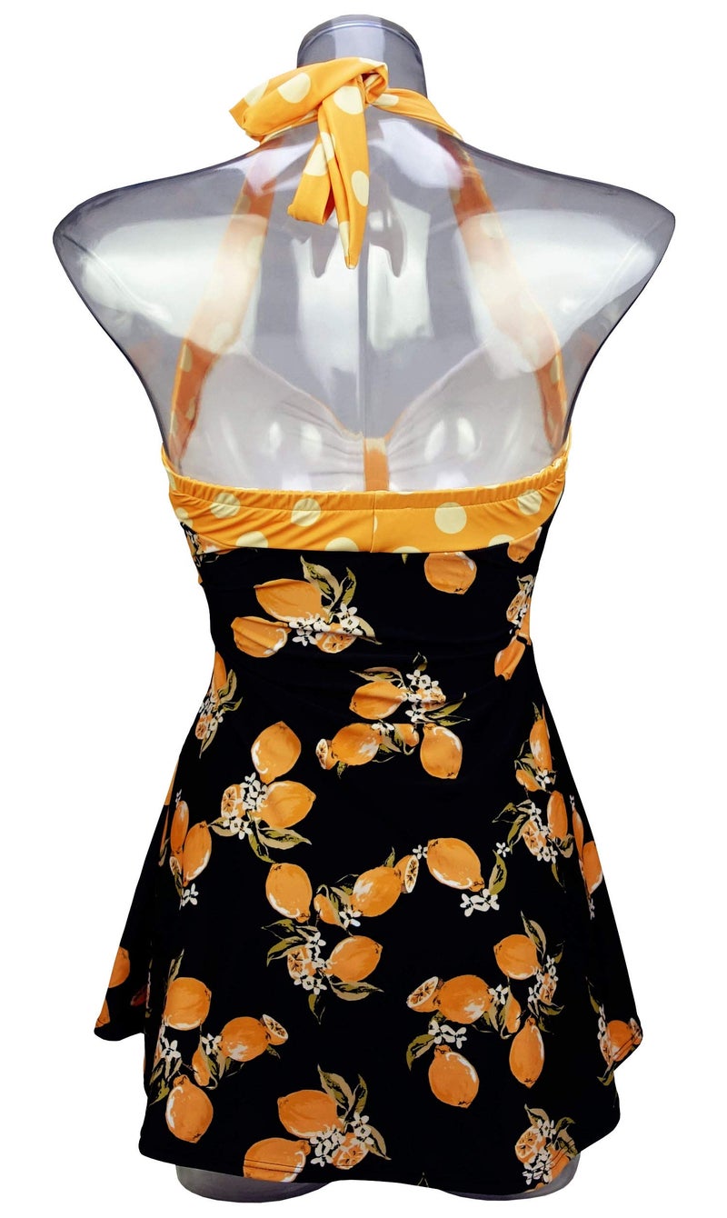 COCOSHIP Orange & Black Lemon Fruit Yellow Polka Dot Vintage Sailor Pin Up Swimsuit One Piece Skirtini Cover Up Cruise Beachwear XXL(US14) - Image 5
