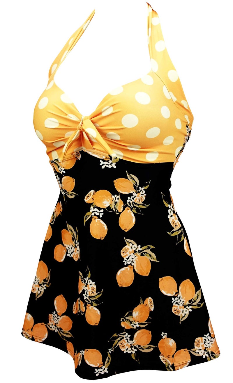 COCOSHIP Orange & Black Lemon Fruit Yellow Polka Dot Vintage Sailor Pin Up Swimsuit One Piece Skirtini Cover Up Cruise Beachwear XXL(US14) - Image 4