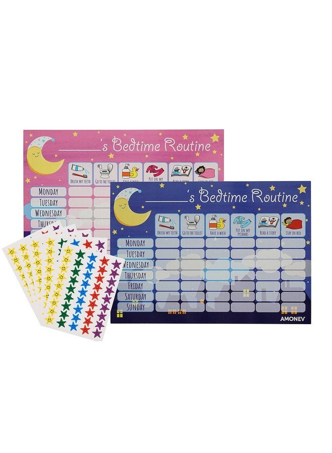 Amonev Bedtime Routine Chart Reward Chart for Sleep Training Twin Pack chart for Boys Girls toddlers and young Children with 225 star stickers included - Image 1