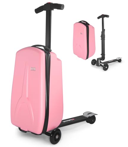iubest Luggage Carry On Scooter Suitcase for Kids Age 4-15, Detachable & Foldable 4 in 1 Suitcase, Multifunctional Ride On Travel Trolley Scooter Combo-Pink - Image 1