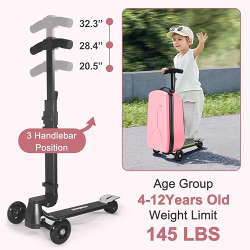 iubest Luggage Carry On Scooter Suitcase for Kids Age 4-15, Detachable & Foldable 4 in 1 Suitcase, Multifunctional Ride On Travel Trolley Scooter Combo-Pink - Image 5