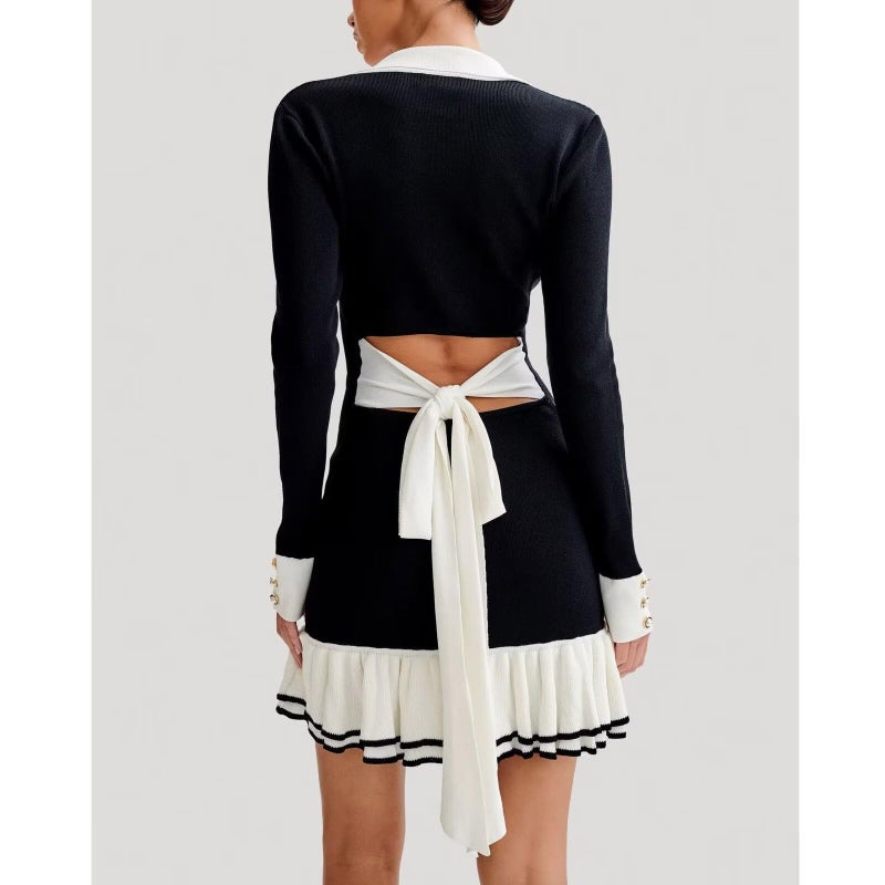 Sheface Women's Long Sleeve Ruffle Hem Knit Sweater Dress Collared Back Tie Knot Cut Out Mini Bodycon Dress Black - Image 2