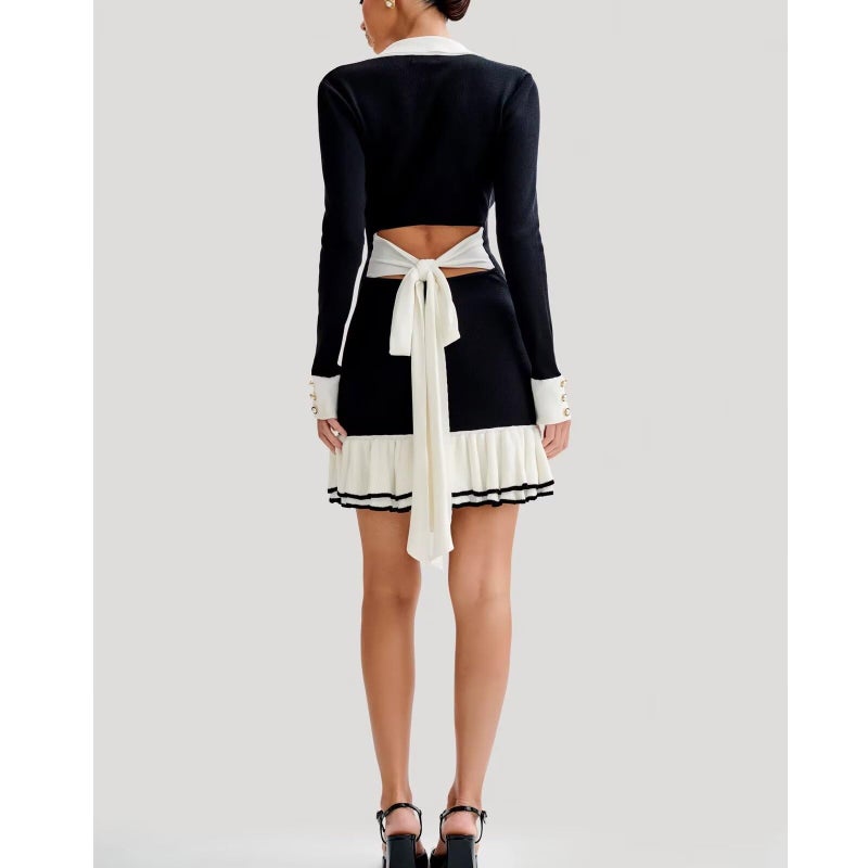 Sheface Women's Long Sleeve Ruffle Hem Knit Sweater Dress Collared Back Tie Knot Cut Out Mini Bodycon Dress Black - Image 5