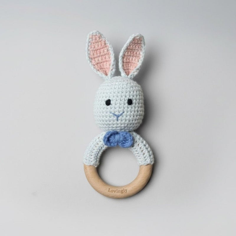 Lovingly Signed Bunny Rattle Teether - Blue - Image 1