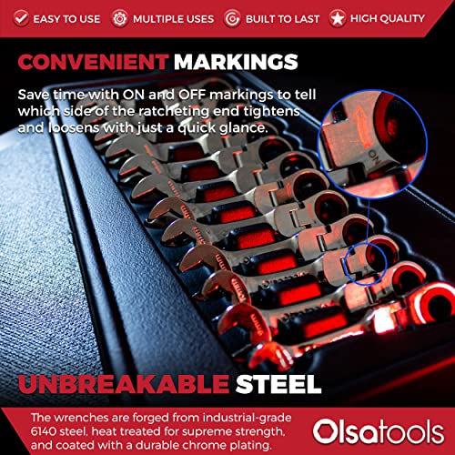 Olsa Tools Stubby Ratcheting Wrench Set - 12 Pc Metric Flex Head - 6-Point Box End - 120-Tooth - Works on Rounded or Stripped Bolts - Compact Professional Spanners - Part 1358 - Image 3