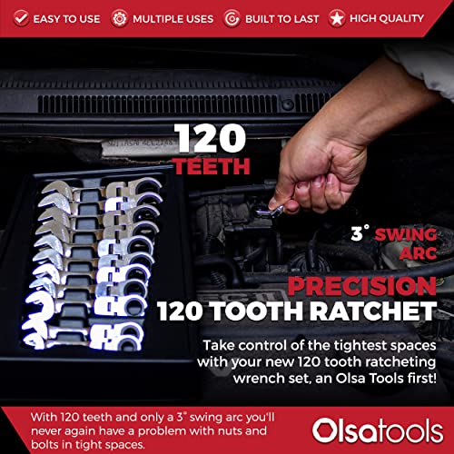 Olsa Tools Stubby Ratcheting Wrench Set - 12 Pc Metric Flex Head - 6-Point Box End - 120-Tooth - Works on Rounded or Stripped Bolts - Compact Professional Spanners - Part 1358 - Image 5