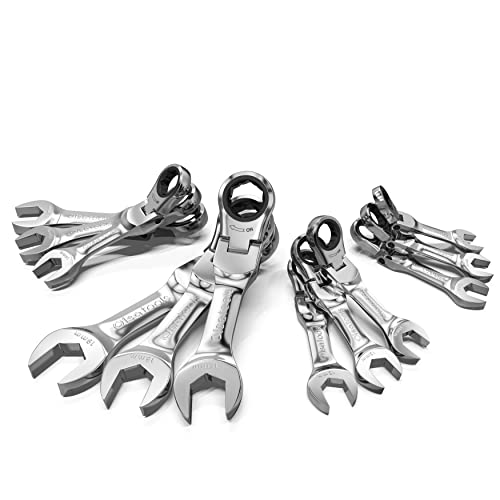 Olsa Tools Stubby Ratcheting Wrench Set - 12 Pc Metric Flex Head - 6-Point Box End - 120-Tooth - Works on Rounded or Stripped Bolts - Compact Professional Spanners - Part 1358 - Image 1
