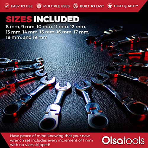 Olsa Tools Stubby Ratcheting Wrench Set - 12 Pc Metric Flex Head - 6-Point Box End - 120-Tooth - Works on Rounded or Stripped Bolts - Compact Professional Spanners - Part 1358 - Image 2