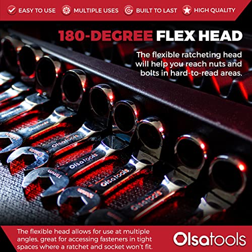 Olsa Tools Stubby Ratcheting Wrench Set - 12 Pc Metric Flex Head - 6-Point Box End - 120-Tooth - Works on Rounded or Stripped Bolts - Compact Professional Spanners - Part 1358 - Image 4