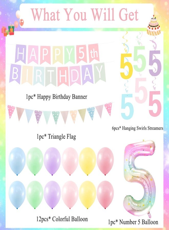 هابدو مجموعة زينة عيد ميلاد الفتاة الخامس - زينة عيد ميلاد فتاة تبلغ من العمر 5 سنوات، لافتة "عيد ميلاد سعيد الخامس"، علم مثلث، شرائط زينة حلزونية معلقة، بالون رقم 5 متدرج بألوان قوس قزح مقاس 40 بوصة - Image 3