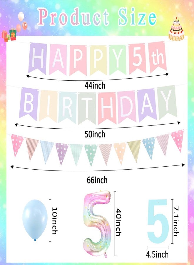 هابدو مجموعة زينة عيد ميلاد الفتاة الخامس - زينة عيد ميلاد فتاة تبلغ من العمر 5 سنوات، لافتة "عيد ميلاد سعيد الخامس"، علم مثلث، شرائط زينة حلزونية معلقة، بالون رقم 5 متدرج بألوان قوس قزح مقاس 40 بوصة - Image 2