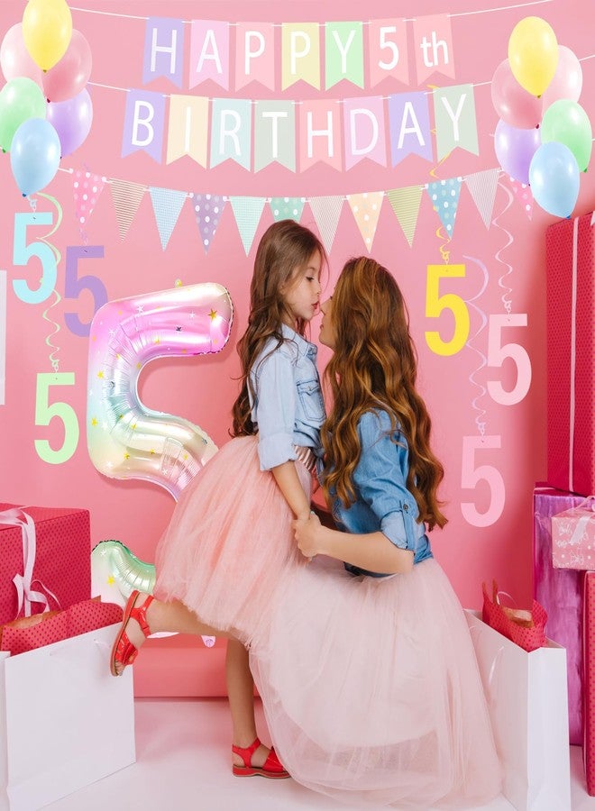 هابدو مجموعة زينة عيد ميلاد الفتاة الخامس - زينة عيد ميلاد فتاة تبلغ من العمر 5 سنوات، لافتة "عيد ميلاد سعيد الخامس"، علم مثلث، شرائط زينة حلزونية معلقة، بالون رقم 5 متدرج بألوان قوس قزح مقاس 40 بوصة - Image 5