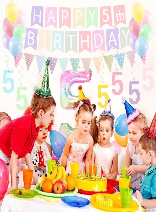 هابدو مجموعة زينة عيد ميلاد الفتاة الخامس - زينة عيد ميلاد فتاة تبلغ من العمر 5 سنوات، لافتة "عيد ميلاد سعيد الخامس"، علم مثلث، شرائط زينة حلزونية معلقة، بالون رقم 5 متدرج بألوان قوس قزح مقاس 40 بوصة - Image 4