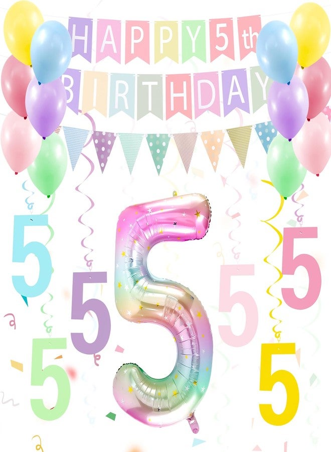 هابدو مجموعة زينة عيد ميلاد الفتاة الخامس - زينة عيد ميلاد فتاة تبلغ من العمر 5 سنوات، لافتة "عيد ميلاد سعيد الخامس"، علم مثلث، شرائط زينة حلزونية معلقة، بالون رقم 5 متدرج بألوان قوس قزح مقاس 40 بوصة - Image 1