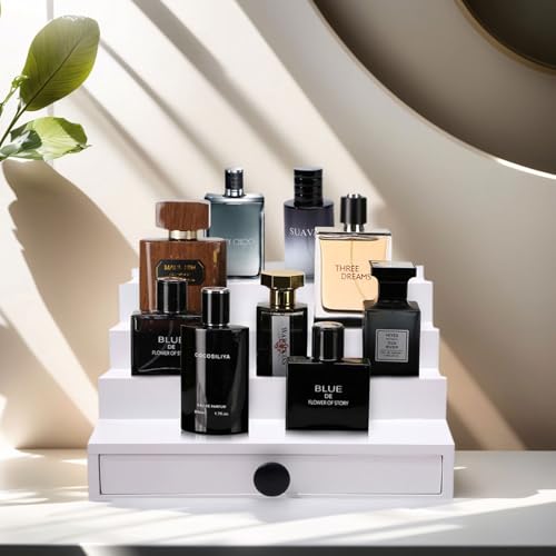 Fengligoo White Cologne Organizer for Men - 4 Tier Wooden Cologne Display Stand with Drawer and Hidden Compartment for Organizing and Storing, Mens Cologne Holder Shelf for Dresser - Image 2