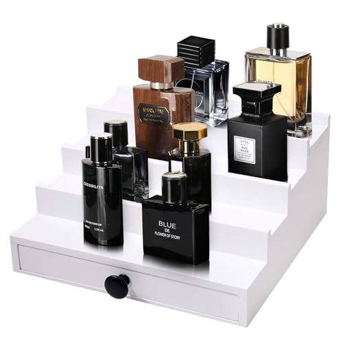 Fengligoo White Cologne Organizer for Men - 4 Tier Wooden Cologne Display Stand with Drawer and Hidden Compartment for Organizing and Storing, Mens Cologne Holder Shelf for Dresser - Image 1