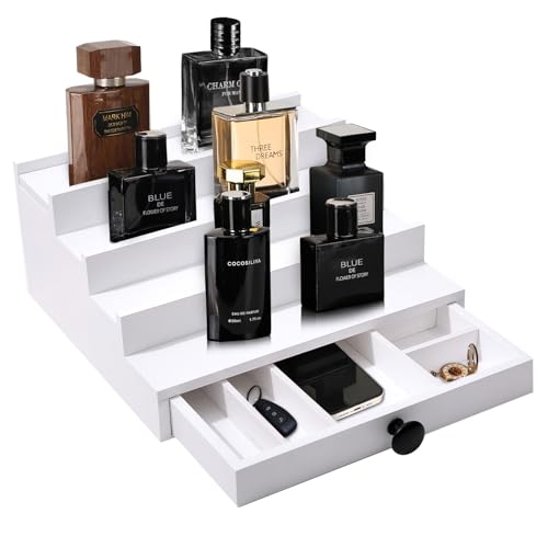 Fengligoo White Cologne Organizer for Men - 4 Tier Wooden Cologne Display Stand with Drawer and Hidden Compartment for Organizing and Storing, Mens Cologne Holder Shelf for Dresser - Image 3