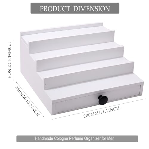 Fengligoo White Cologne Organizer for Men - 4 Tier Wooden Cologne Display Stand with Drawer and Hidden Compartment for Organizing and Storing, Mens Cologne Holder Shelf for Dresser - Image 5