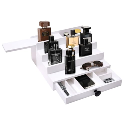 Fengligoo White Cologne Organizer for Men - 4 Tier Wooden Cologne Display Stand with Drawer and Hidden Compartment for Organizing and Storing, Mens Cologne Holder Shelf for Dresser - Image 4