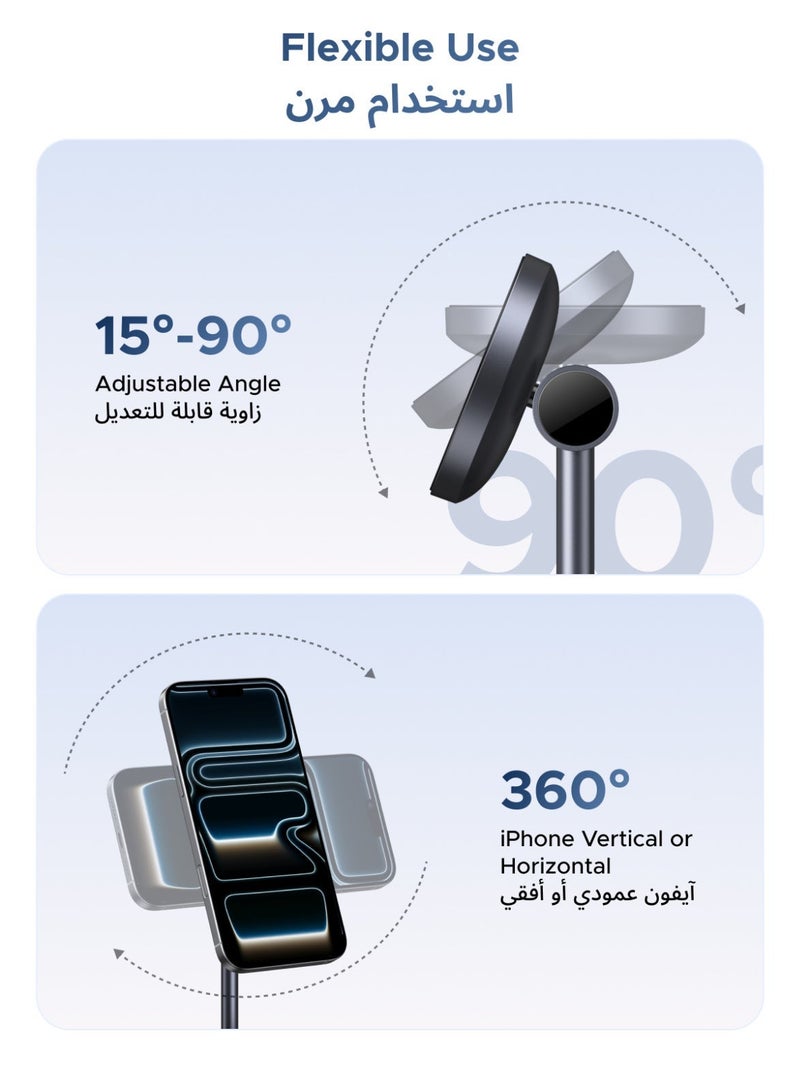 يو جرين حامل شحن لاسلكي مغناطيسي قابل للطي (معتمد بمعيار Qi2 وMPP) بقوة 15 واط، يتميز بزاوية قابلة للتعديل، وسطح شحن من السيليكون، ومنفذ إخراج إضافي USB-C؛ مخصص لأجهزة iPhone 12-16 وAirPods (مزود بمغناطيسات Apple N48H). 15W - Image 3