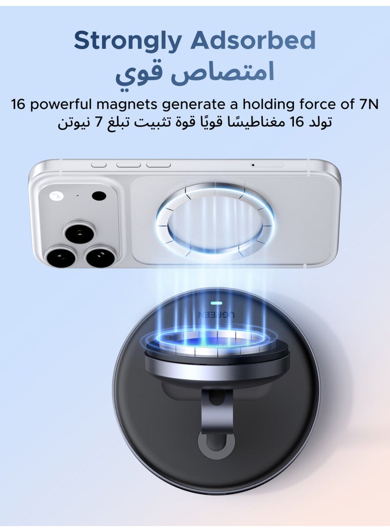 يو جرين حامل شحن لاسلكي مغناطيسي قابل للطي (معتمد بمعيار Qi2 وMPP) بقوة 15 واط، يتميز بزاوية قابلة للتعديل، وسطح شحن من السيليكون، ومنفذ إخراج إضافي USB-C؛ مخصص لأجهزة iPhone 12-16 وAirPods (مزود بمغناطيسات Apple N48H). 15W - Image 5
