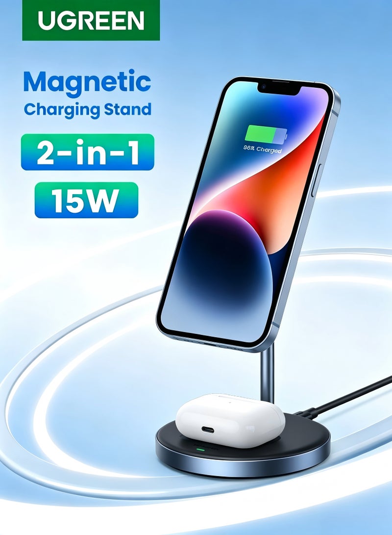Ugreen Qi2 Certified MPP 15W Foldable Magnetic Wireless Charging Stand with Adjustable Angle, Silicone Charging Surface, Extra USB-C Output Port for iPhone 12-16 & AirPods (Apple N48H Magnets) 15W - Image 1