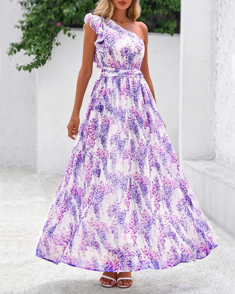 BTFBM Women Summer One Shoulder Floral Wedding Guest Dresses Sleeveless Smocked Ruffle Flowy Beach Vacation Maxi Dress(Floral Purple, Large) - Image 5