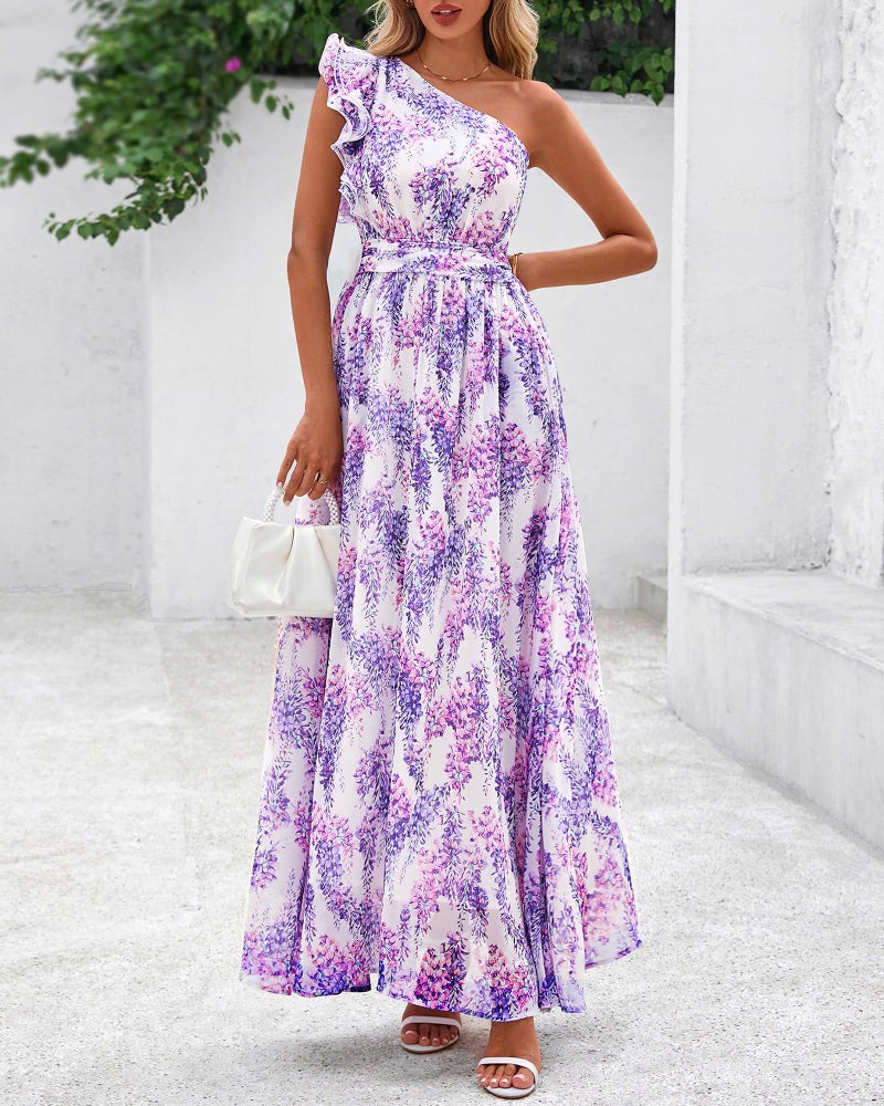 BTFBM Women Summer One Shoulder Floral Wedding Guest Dresses Sleeveless Smocked Ruffle Flowy Beach Vacation Maxi Dress(Floral Purple, Large) - Image 2