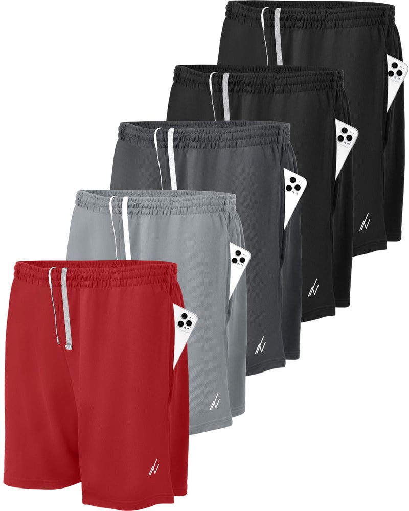 NY Threads 5 Pack Men's Athletic Shorts Quick Dry Loose-Fit Lightweight Running Workout Gym Shorts with Pockets, Medium, Black/Black/Dark Grey/Medium Grey/Red - Image 1