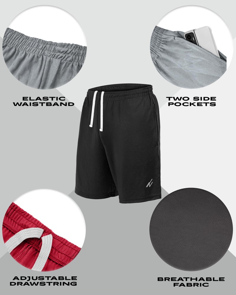 NY Threads 5 Pack Men's Athletic Shorts Quick Dry Loose-Fit Lightweight Running Workout Gym Shorts with Pockets, Medium, Black/Black/Dark Grey/Medium Grey/Red - Image 4