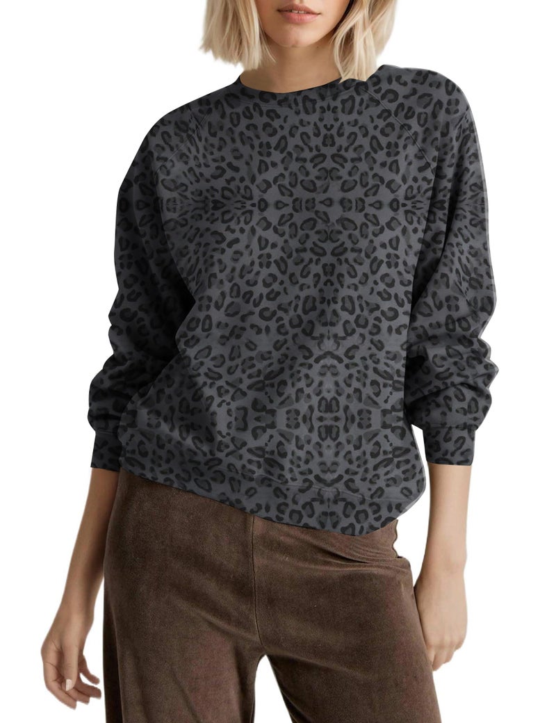 Livtany Women's Leopard Print Loose Fit Sweatshirt Crew Neck Long Sleeve Blouse Casual Distressed Hem Graphic Pullover Tops Black - Image 1