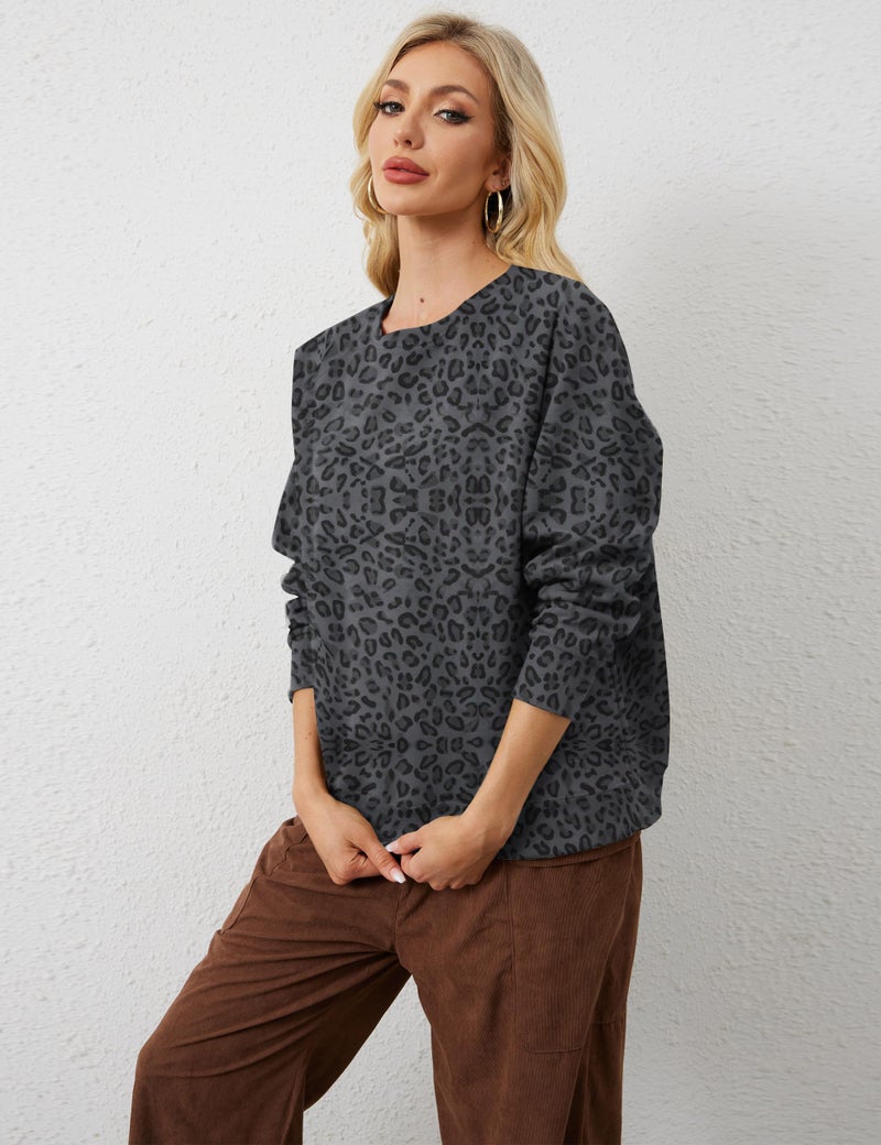 Livtany Women's Leopard Print Loose Fit Sweatshirt Crew Neck Long Sleeve Blouse Casual Distressed Hem Graphic Pullover Tops Black - Image 3