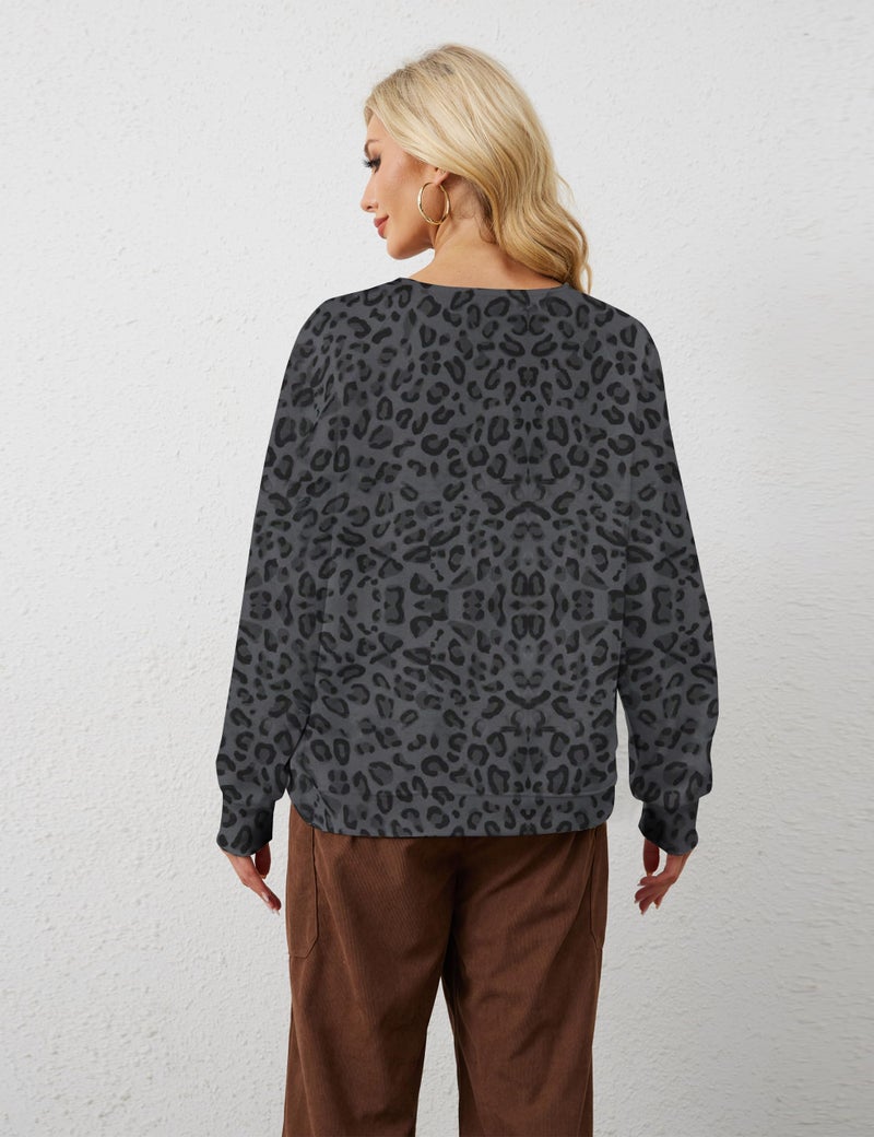 Livtany Women's Leopard Print Loose Fit Sweatshirt Crew Neck Long Sleeve Blouse Casual Distressed Hem Graphic Pullover Tops Black - Image 4